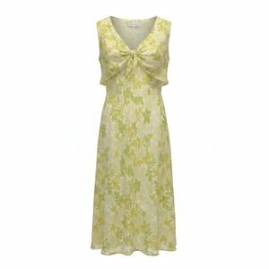Y2K Fairy 100% Silk Floral Flowy Midi Dress Size 14 Lime Green Romantic Feminine